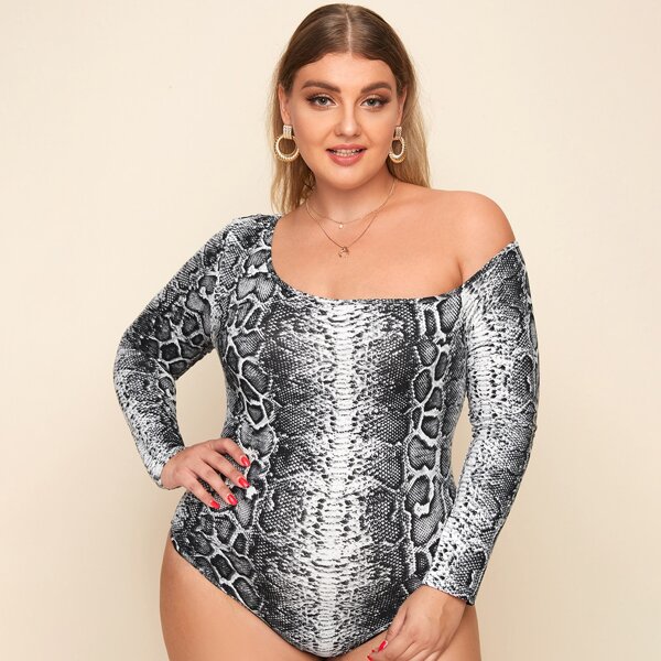 

Plus Asymmetrical Neck Snakeskin Bodysuit, Multicolor