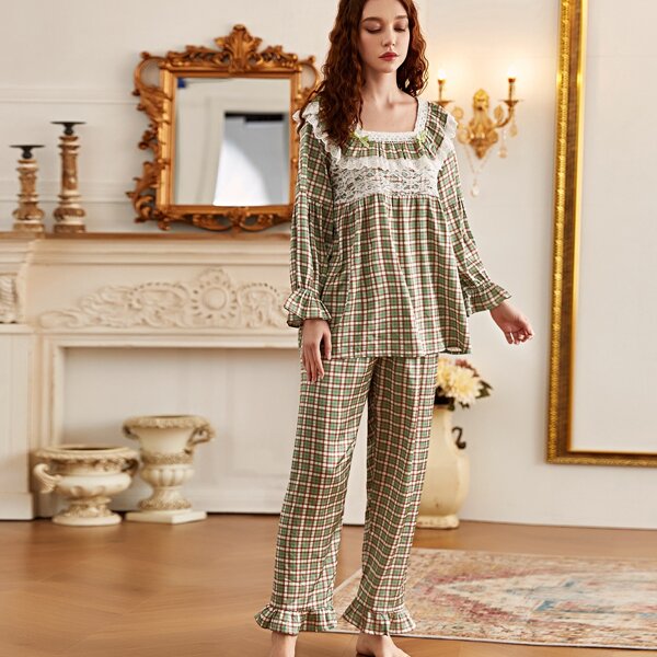 

Contrast Lace Ruffle Hem Plaid PJ Set, Multicolor