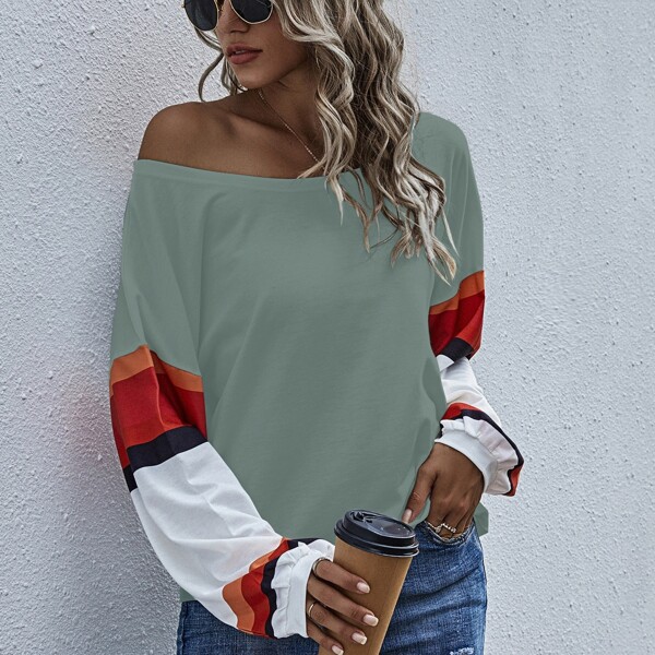 

Colorblock Drop Shoulder Scoop Neck Tee, Mint green
