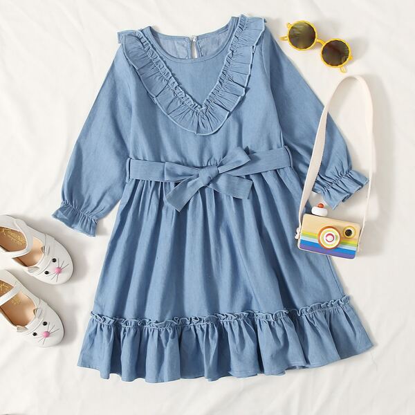 

Toddler Girls Ruffle Trim Belted Denim Dress, Medium wash