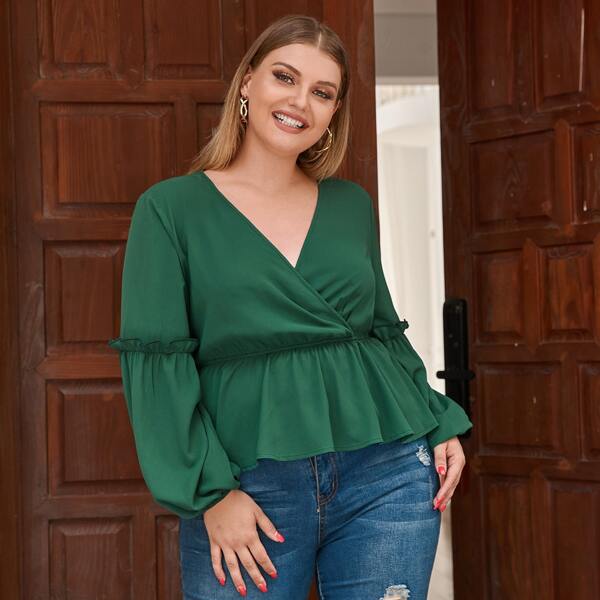 

Plus Surplice Front Bishop Sleeve Peplum Blouse, Dark green