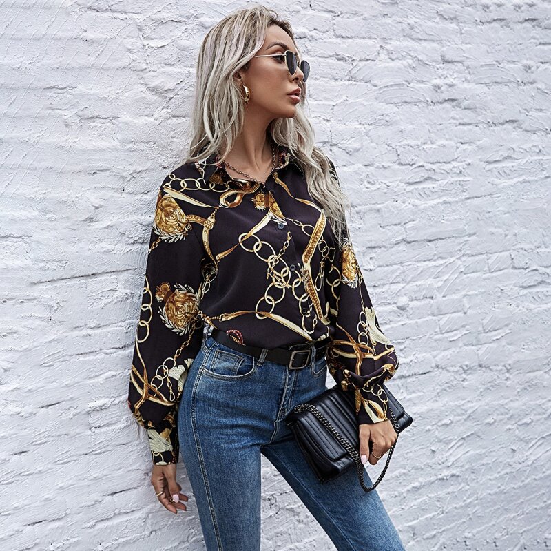 

Chain Print Button Through Blouse, Black