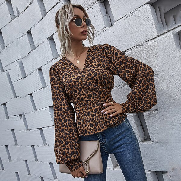 

Bishop Sleeve Leopard Print Tie Back Wrap Blouse, Multicolor