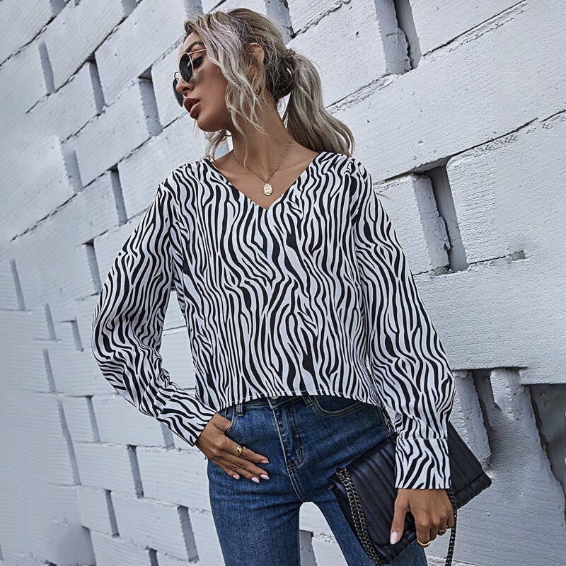 

V-neck Zebra Stripe Blouse, Black and white