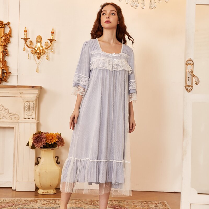 

Contrast Lace Trim Bow Detail Night Dress, Blue pastel