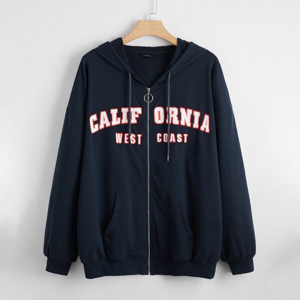 

Plus Letter Graphic Drop Shoulder O-ring Zip Up Hoodie, Navy blue