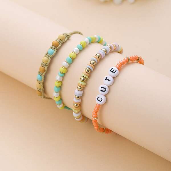 

4pcs Letter Beaded Bracelet, Multicolor