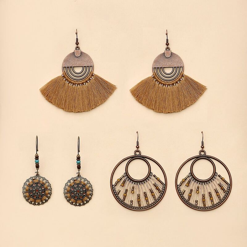 

3pairs Tassel Round Drop Earrings, Bronze