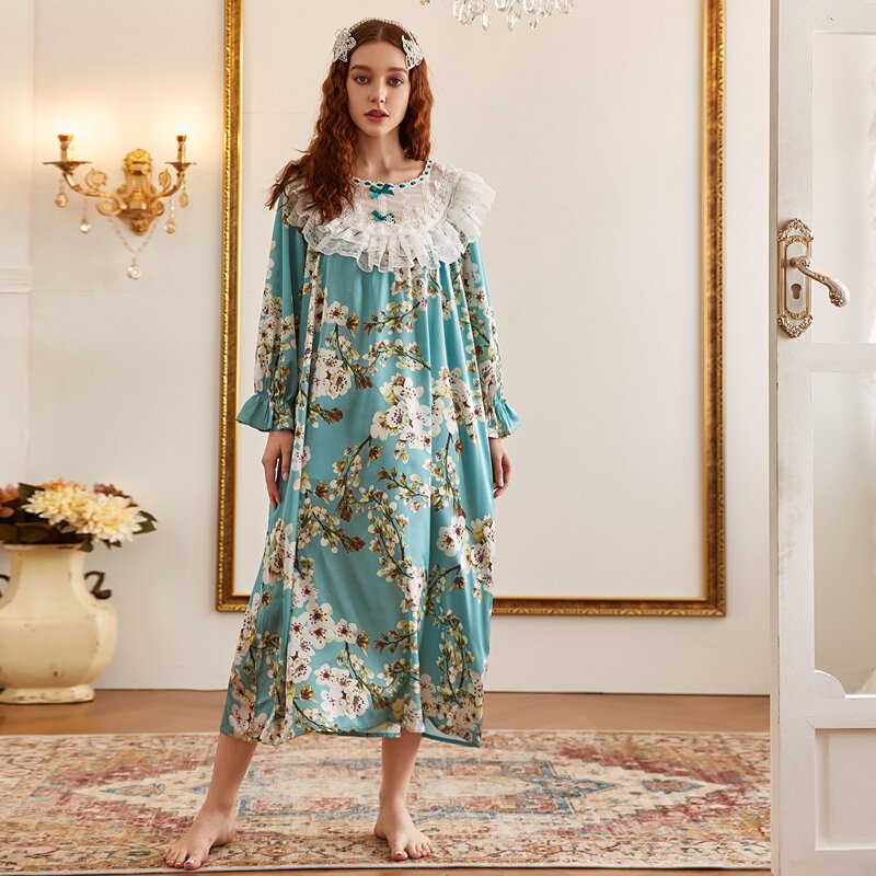 

Contrast Lace Floral Print Nightdress, Cadet blue