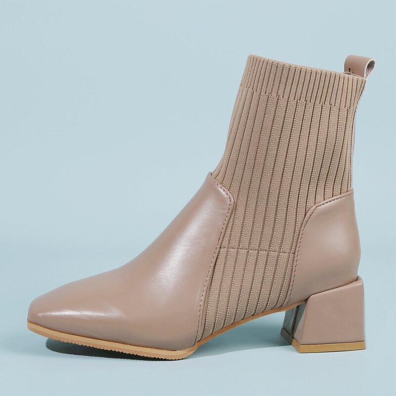 

Square Toe Contrast PU Sock Boots, Apricot