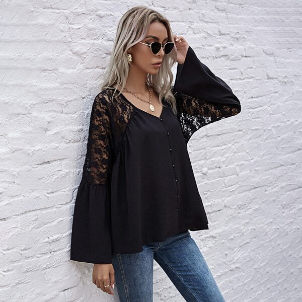

Lace Panel Flounce Sleeve Blouse, Black