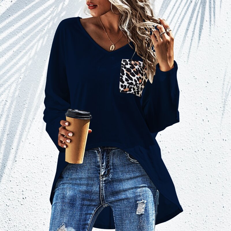

V-neck Contrast Leopard High Low Tee, Navy blue