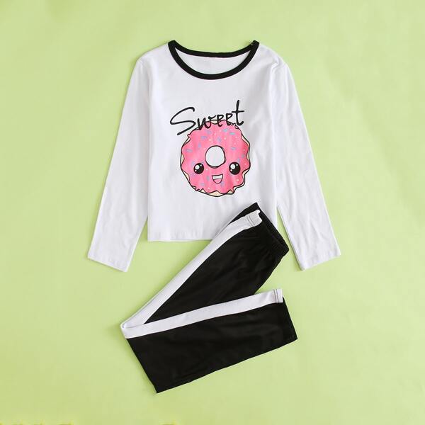 

Girls Donuts And Letter Graphic PJ Set, Black and white
