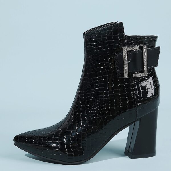 

Rhinestone Buckle Decor Croc Embossed Ankle Boots, Black