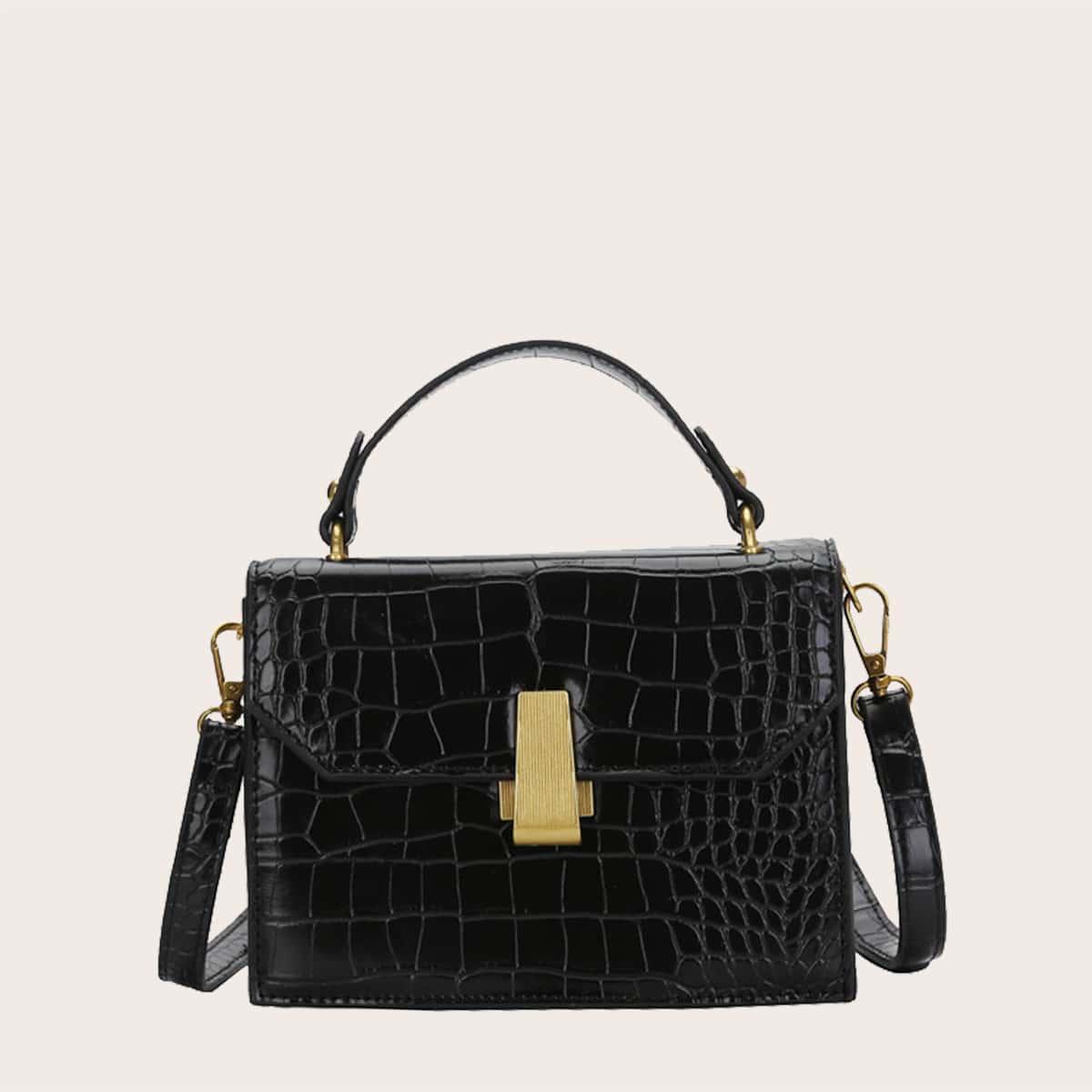 

Croc Embossed Satchel Bag, Black