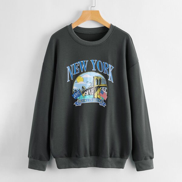 

Plus American Flag And Letter Graphic Sweatshirt, Dark grey