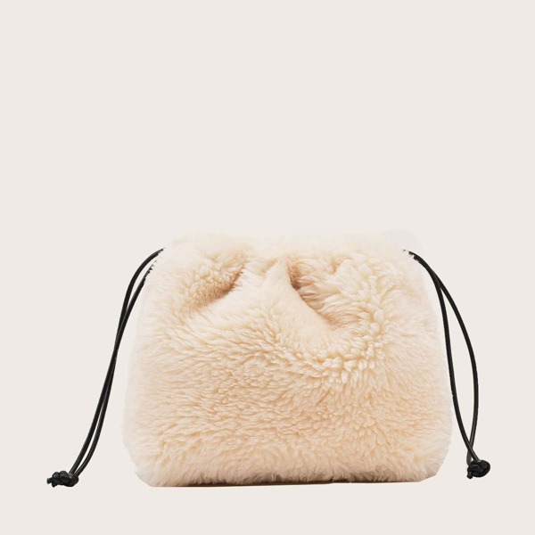 

Minimalist Drawstring Decor Fluffy Crossbody Bag, Beige