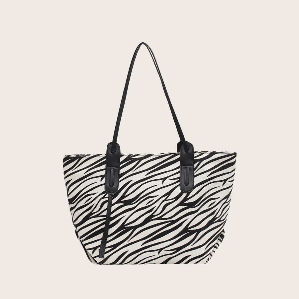 

Zebra Striped Tote Bag, Black and white