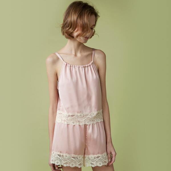 

Cut-out Tie Back Lace Trim Satin Top & Shorts Night Set, Baby pink