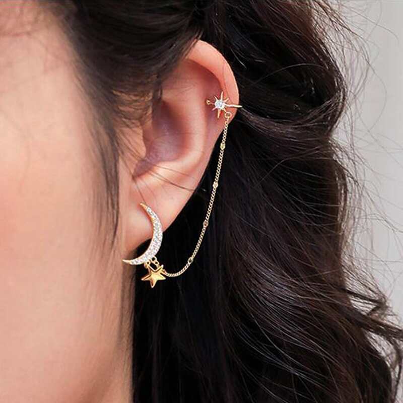 

1pc Rhinestone Star & Moon Ear Cuff, Gold