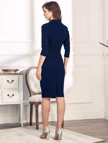 MIUSOL Zip Back Tie Neck Pencil Dress - 藏蓝色 - 查看 2