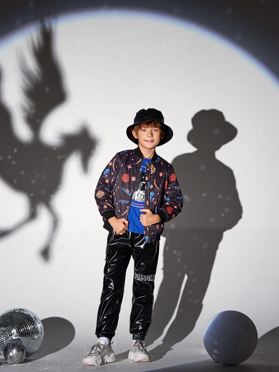 SHEIN 男孩拉鏈圖案印花飛行員夾克 - 彩色 - 查看 1