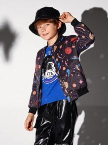 SHEIN 男孩拉鏈圖案印花飛行員夾克 - 彩色 - 查看 3