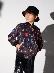 SHEIN 男孩拉鏈圖案印花飛行員夾克 - 彩色 - 查看 4