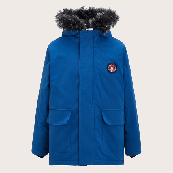 

Boys Patched Detail Pocket Front Faux Fur Trim Hooded Coat, Blue