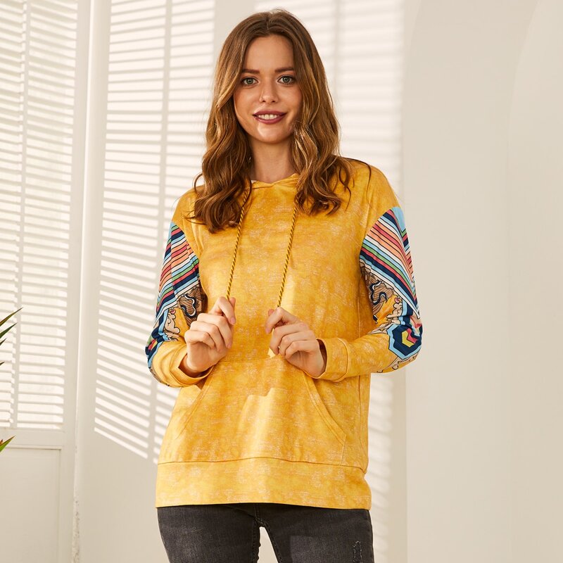

LUUKSE Kangaroo Pocket Graphic Print Drawstring Hoodie, Mustard yellow