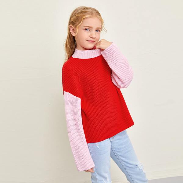 

Girls Funnel Neck Drop Shoulder Two Tone Sweater, Multicolor