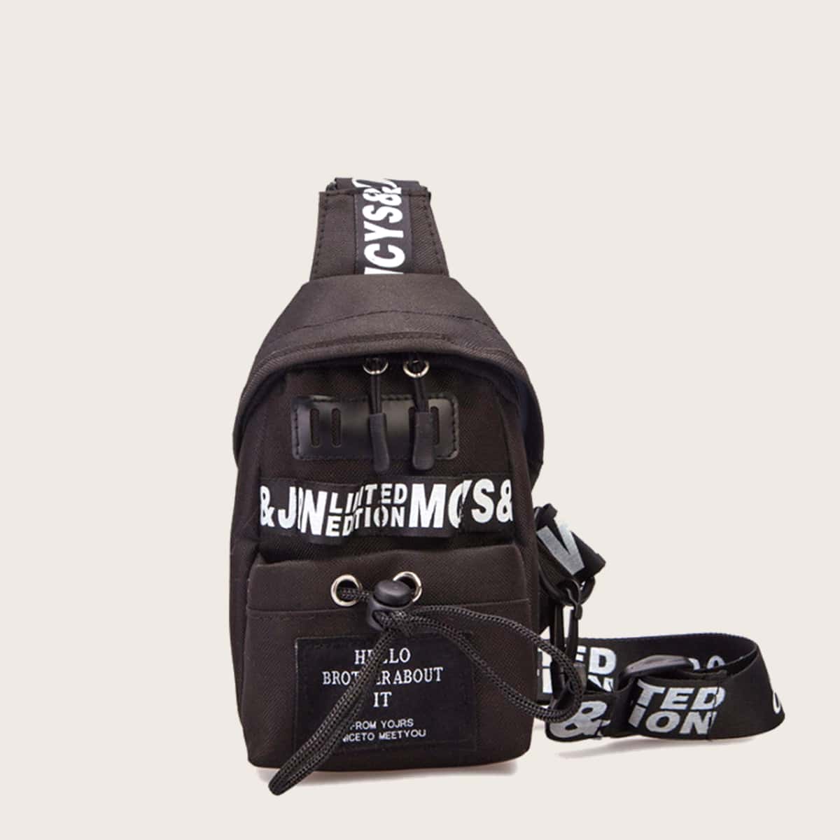

Letter Drawstring Sling Bag, Black