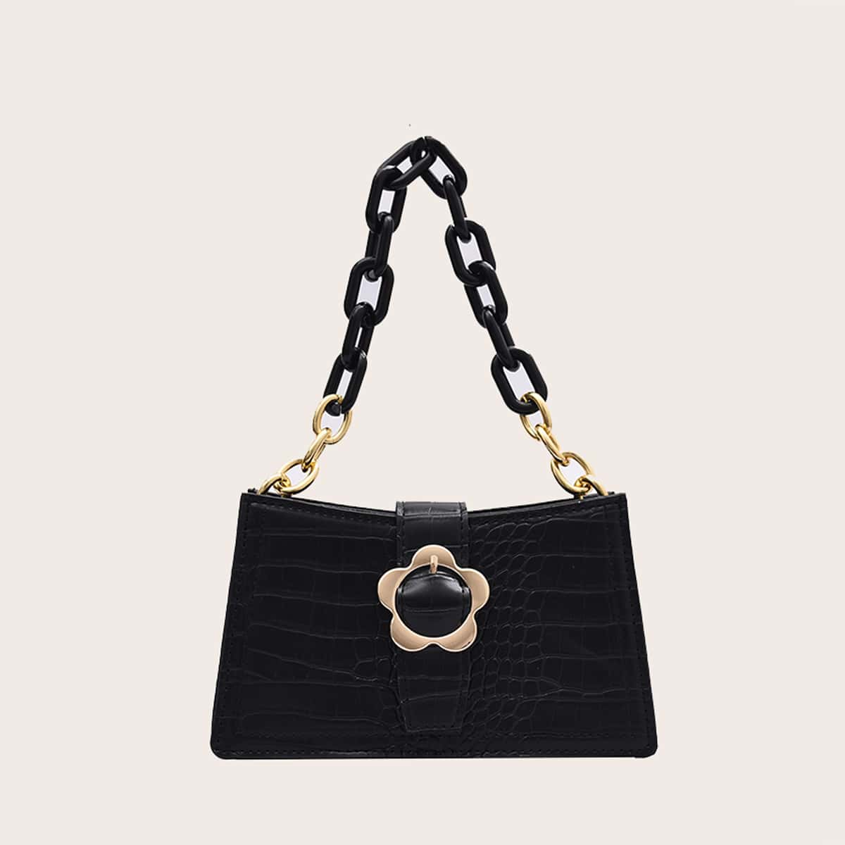 

Floral Buckle Croc Baguette Bag, Black