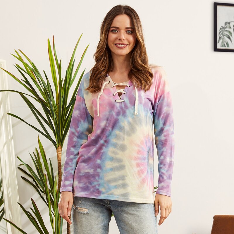 

LUUKSE Lace Up Knot High Low Tie Dye Hoodie, Multicolor