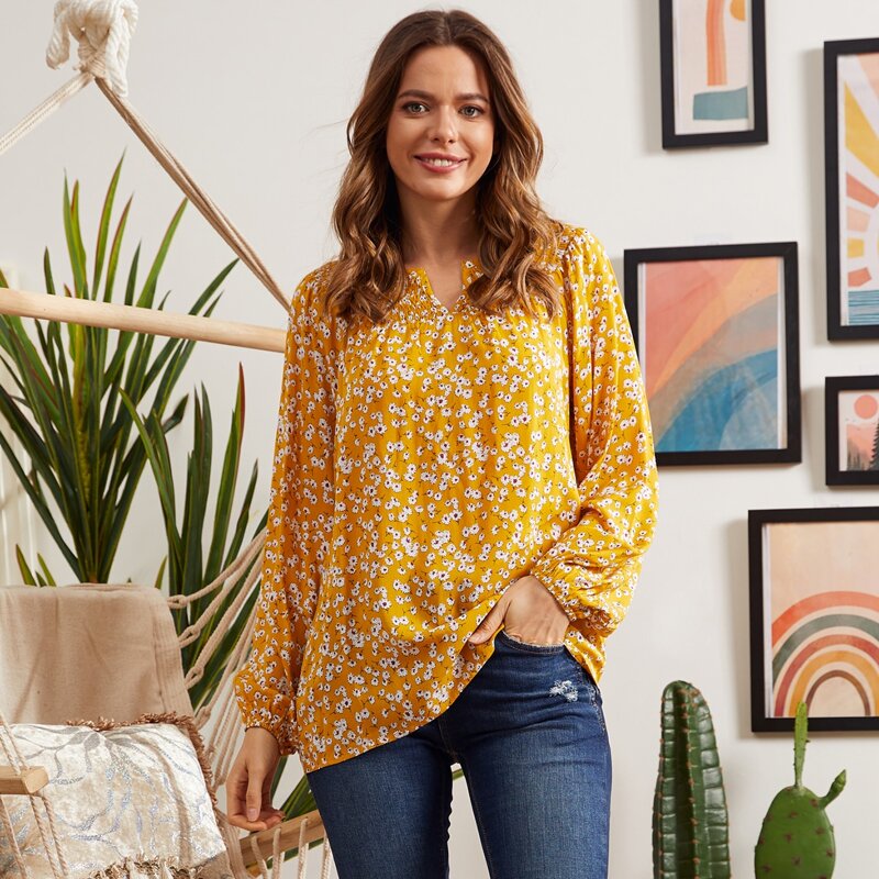 

LUUKSE Notch Neck Shirred Ditsy Floral Top, Mustard yellow
