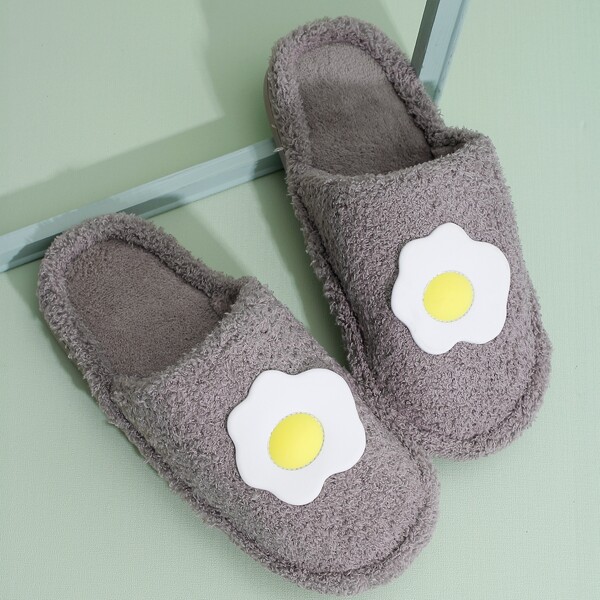 

Men Poached Egg Pattern Fluffy Slippers, Dark grey