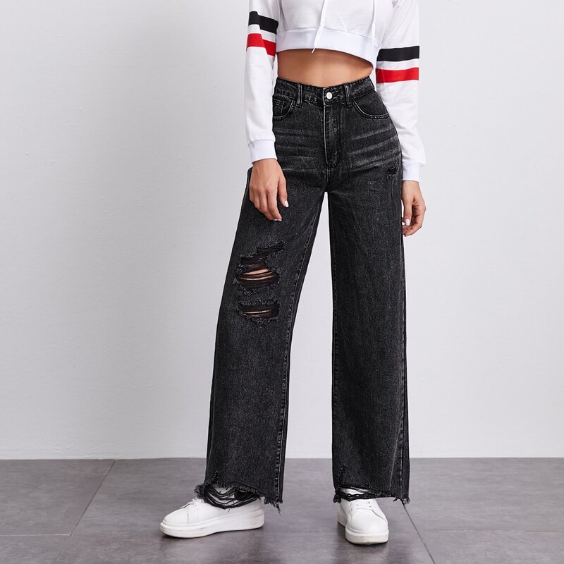 

High Waist Ripped Raw Hem Wide Leg Jeans, Dark grey