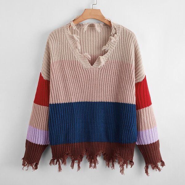 

Plus Distressed Colorblock Sweater, Multicolor