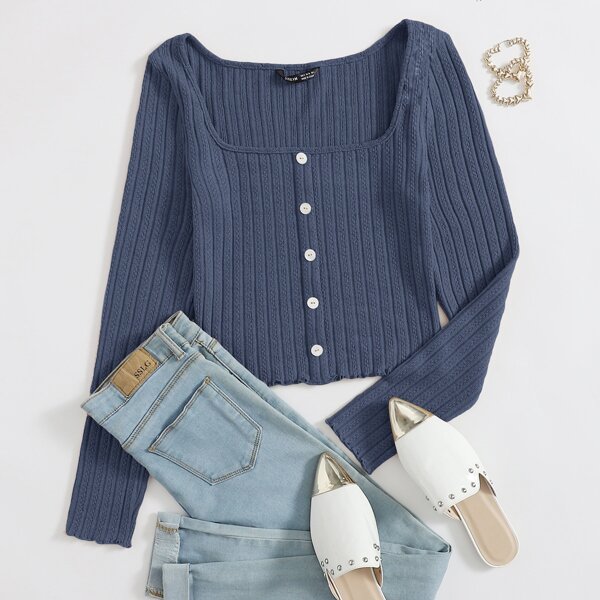 

Button Front Rib-knit Tee, Dusty blue