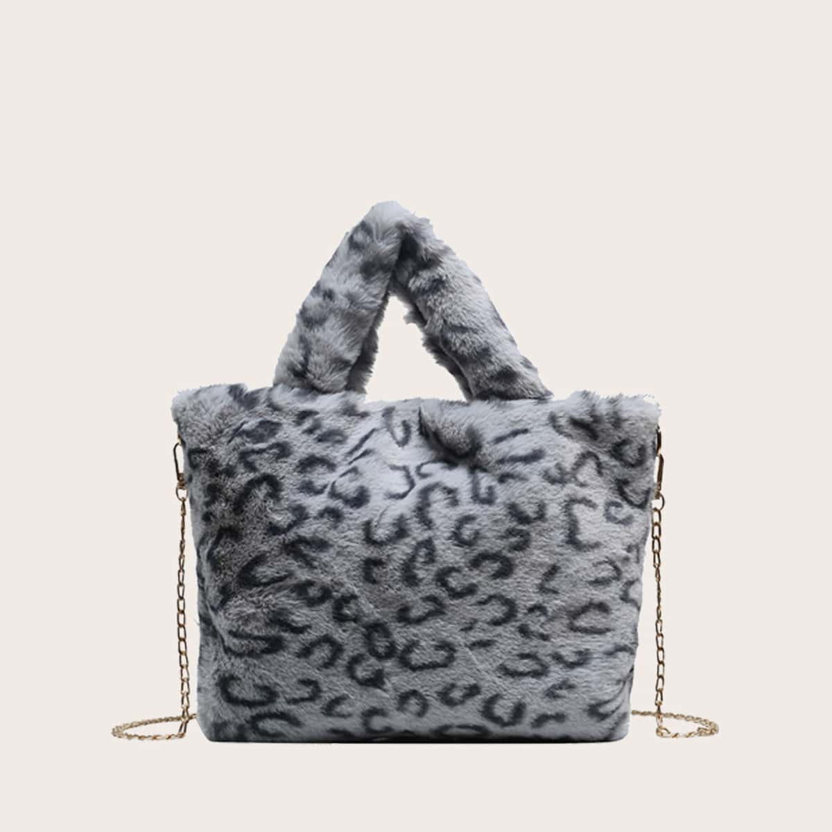 

Fluffy Leopard Print Tote Bag, Grey