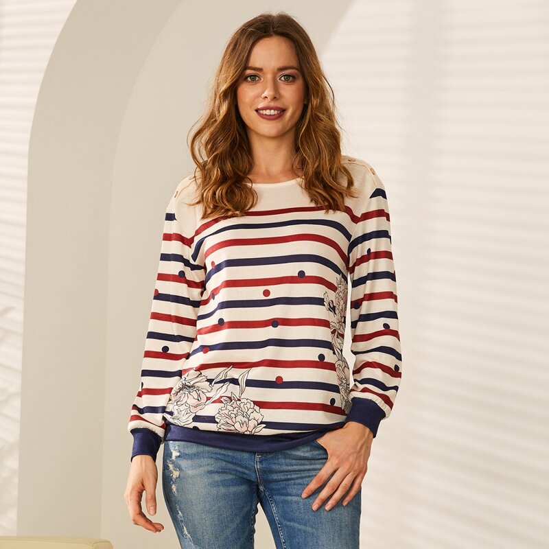 

LUUKSE Button Side Floral & Striped Sweatshirt, Multicolor