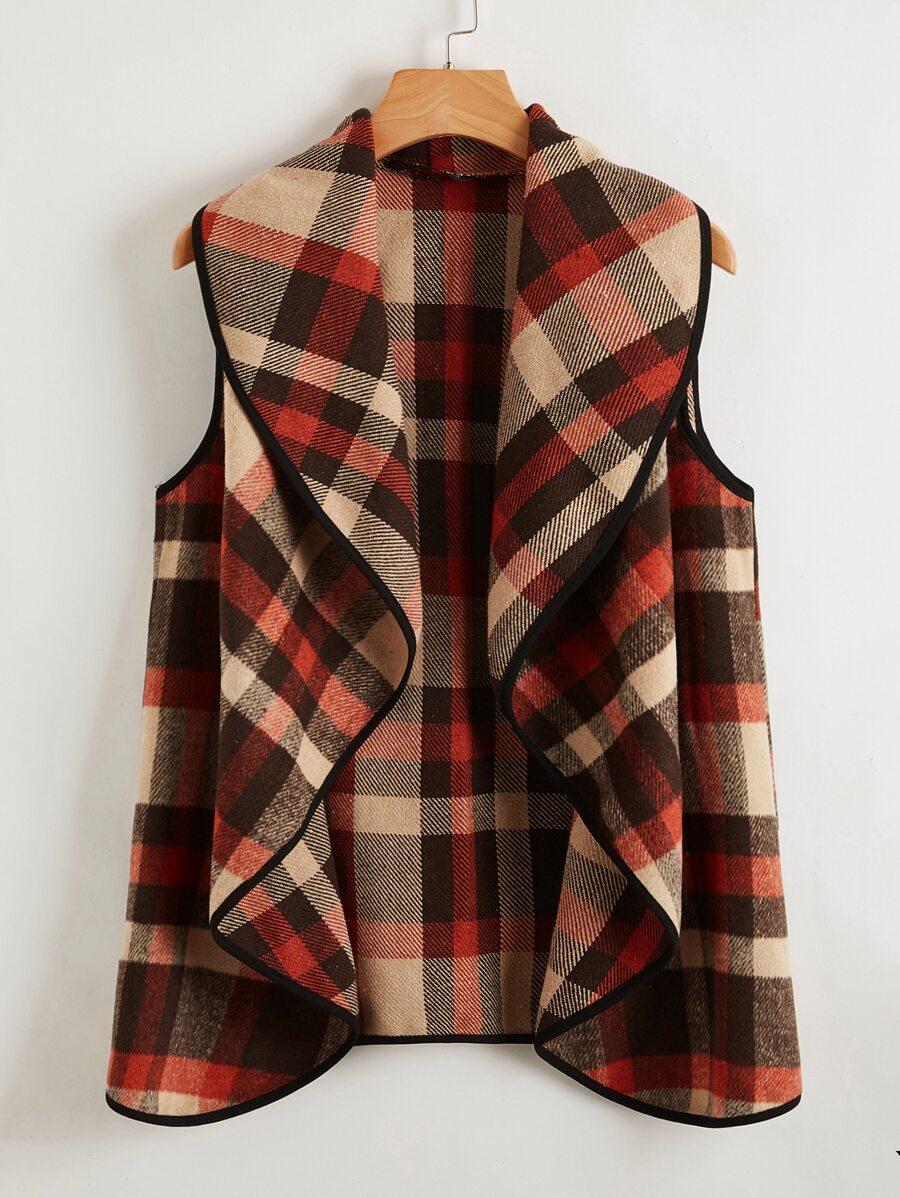 SHEIN LUNE 大碼垂墜衣領拼接滾邊格紋無袖外套 - 彩色 - 查看 1