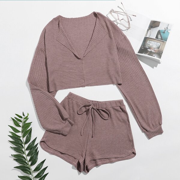 

Plus Collared Waffle Knit Top & Shorts Set, Dusty pink