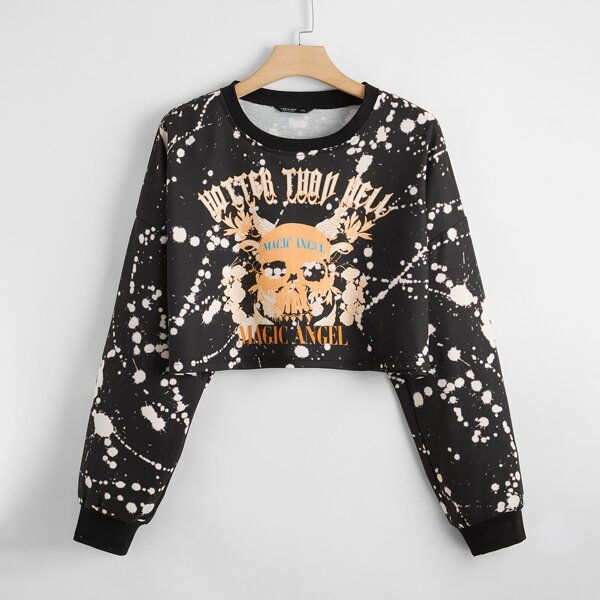

Plus Letter and Skull Print Ink Splatter Pullover, Black