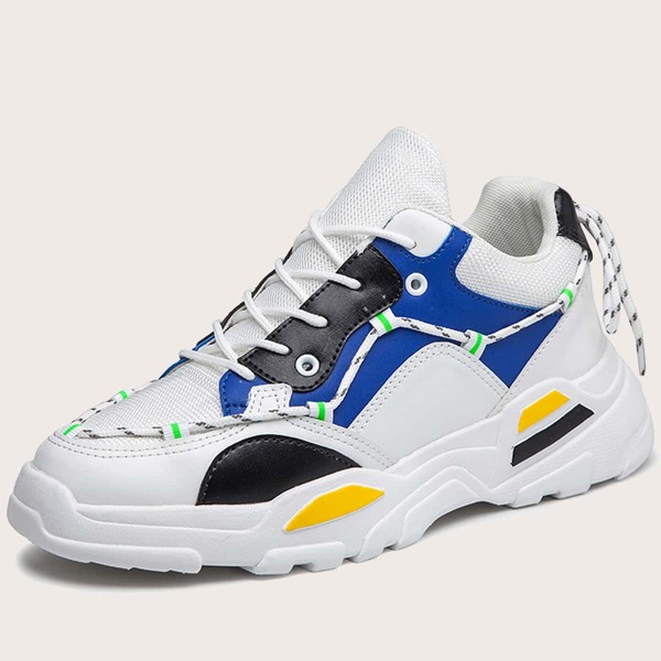 

Men Color Block Lace-up Front Chunky Sneakers, Blue and white