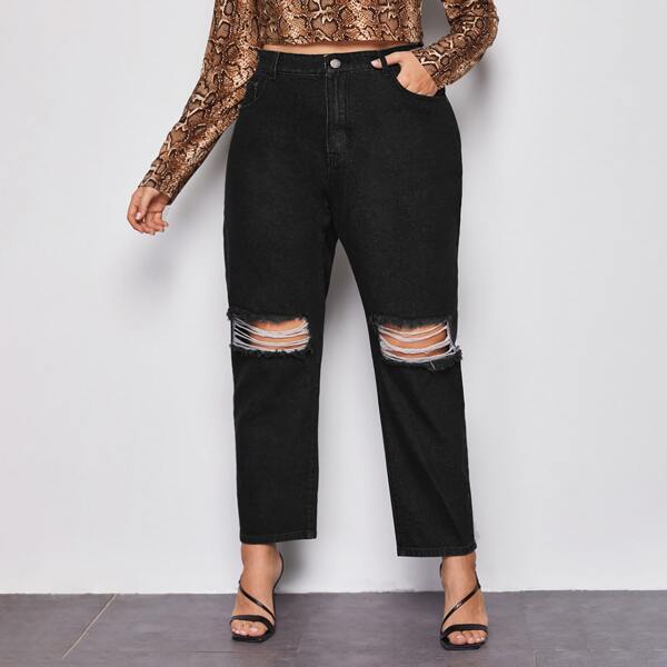 

Plus High Waist Ripped Straight Jeans, Black