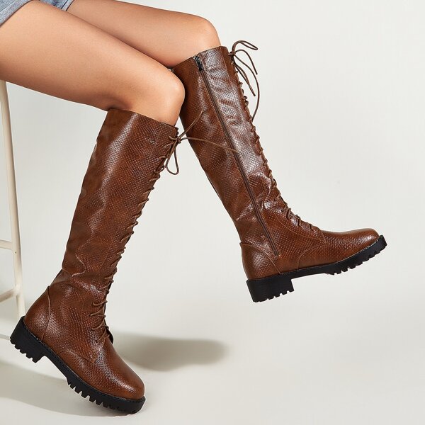 

Lace-up Front Side Zipper Boots, Brown