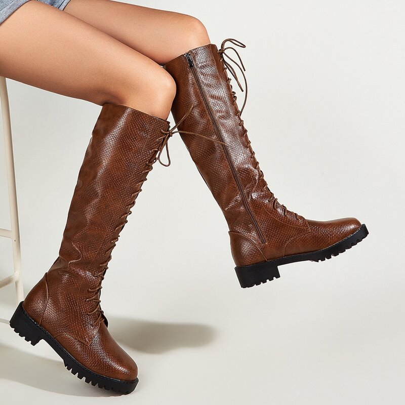 

Lace-up Front Side Zipper Boots, Brown