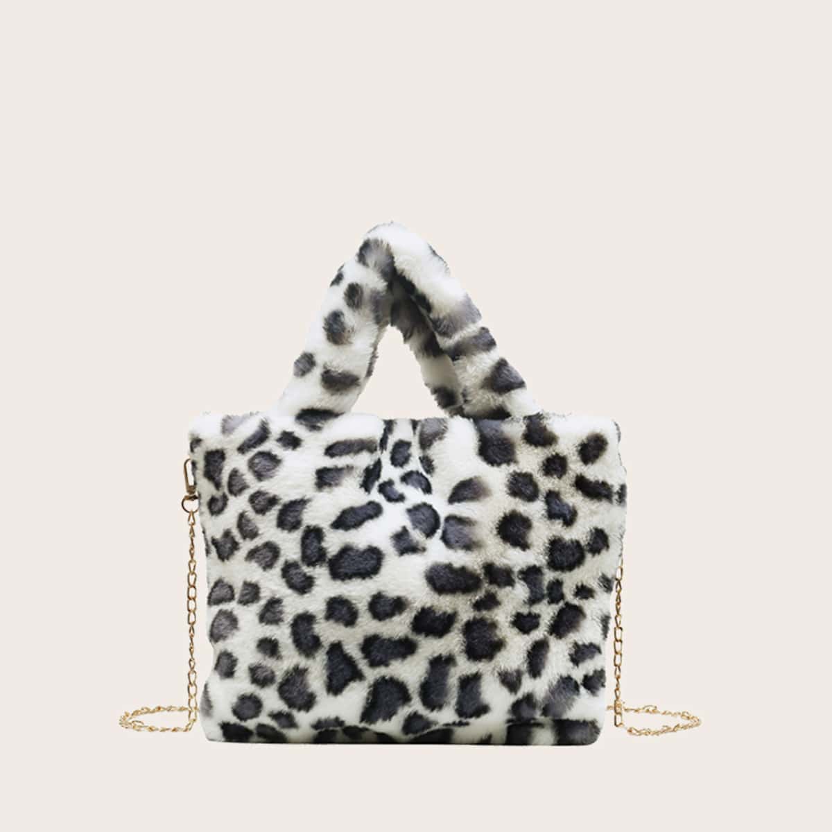 

Fluffy Leopard Print Tote Bag, Black and white