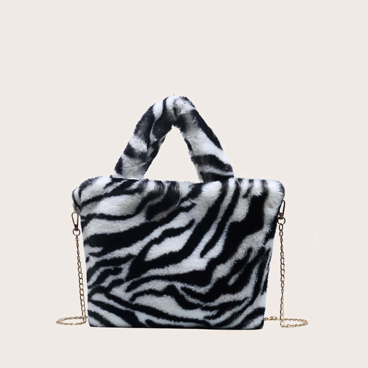 

Fluffy Zebra Striped Tote Bag, Black and white